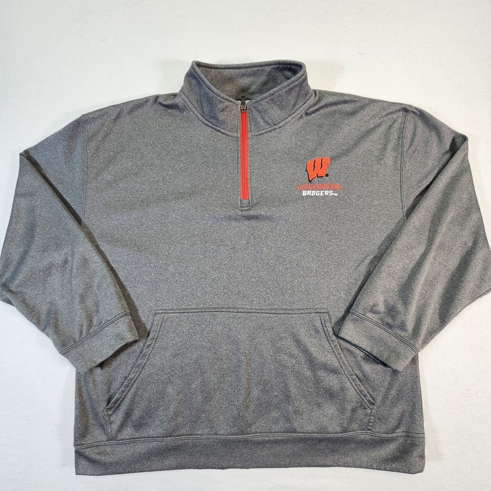 Wisconsin Badgers Shirt Mens Grey Gray Red 1/4 Zip Campus Pullover Stand‎ Up